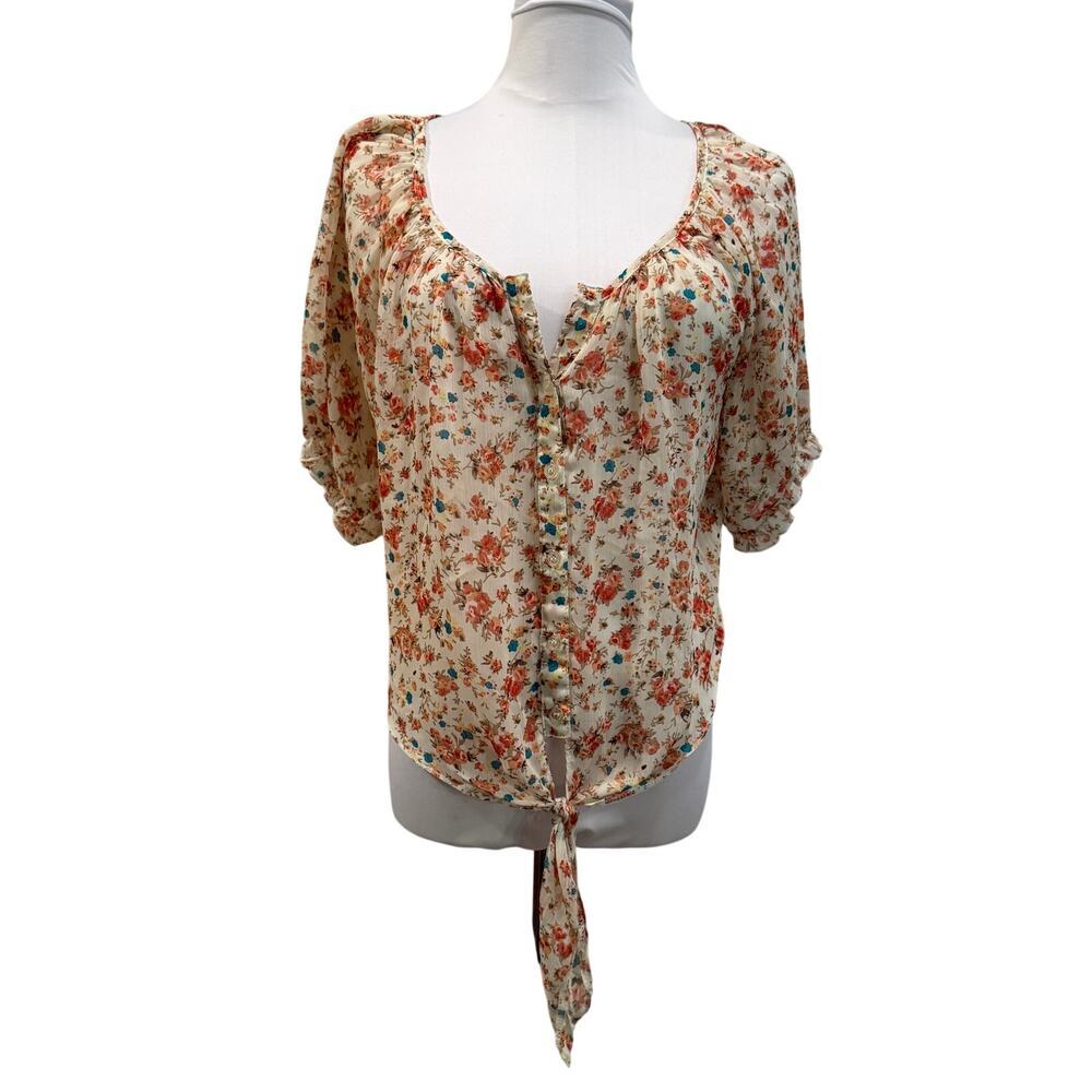 Poetry Sheer Floral Tie Front Peasant Blouse Boho Cottagecore Medium Coquette - Picture 2 of 10